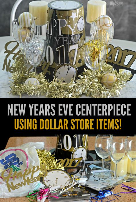 New Year’s Eve Centerpiece Idea (Using Dollar Store Items) – Hip2Save New Years Eve Centerpiece Ideas, Nye Centerpiece Ideas, New Year Centerpieces, New Year Centerpiece Ideas, New Years Centerpiece Ideas, Diy New Years Decorations, Ballon Banner, Diy Tree Decor, New Year Table