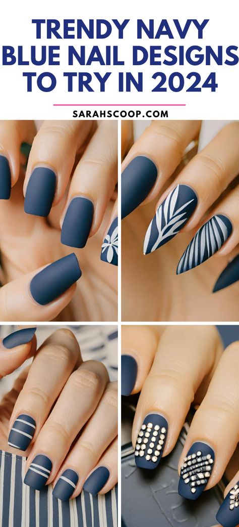 Discover 65+ Trendy Navy Blue Matte Nail designs! Stay ahead of fashion and be set to stun in 2024! Don't miss out, try them today! 💅 #nails Dark Blue Plaid Nails, Nail Ideas In Blue, Matt Navy Nails, Navy Blue Fall Nails Acrylic, Matte Blue And Gold Nails, Fall Nail Designs Navy Blue, Navy Matte Nails Short, Blue Nails Fall 2024, Navy Gray Nails