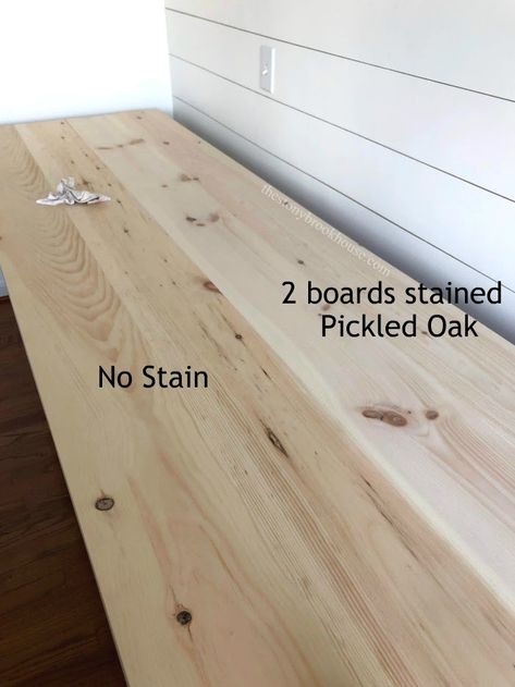 2 boards stained Pickled Oak on desk Pickled Stained Wood, Pickled Oak Stain On White Oak, Minwax Pickled Oak Stain On Pine, Pickling Stain On Pine, Pickled Oak Stain On Pine, Minwax Pickled Oak Stain, Pickled Oak Stain, Simple Wood Desk, Pickling Stain