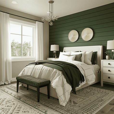 Modern Farmhouse with Tranquil Green Accents [Bedroom Concept] Green Shiplap Wall, Green Shiplap, Farmhouse Color Scheme, Bedroom Concept, Light Colored Furniture, Shiplap Wall, Farm House Colors, Dark Furniture, Wallpaper Walls Decor