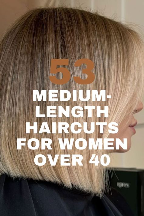 A sleek medium-length bob hairstyle with soft layers and a polished finish, ideal for women over 40 seeking a sophisticated look. Hair For 43 Year Old, Haïr Cut Medium Length Hair, Haircuts For 47 Year Old Women, Bob Haircuts For Women Over 40, Hair Styles For 47 Year Old Woman, Tapered Bob Haircut Shoulder Length, Shoulder Length Hair 40 Year Old, 40 Hairstyles Over 40 Shoulder Length, Medium Length Haircut For Women In 40s