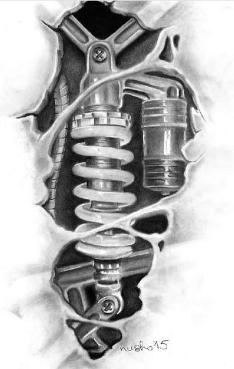 Shock Tattoo, Piston Tattoo, Biomech Tattoo, Biomechanical Tattoo Design, Engine Tattoo, Gotik Tattoo, Geometric Tattoo Sleeve Designs, Gear Tattoo, Husband Tattoo