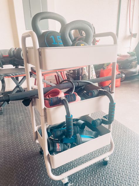 How To Store Workout Equipment, Gym Cart, Spare Room Gym, Workout Organization, Concrete Weights, Kettlebell Storage, 3 Tier Cart, Hanging Cups, Home Gym On A Budget