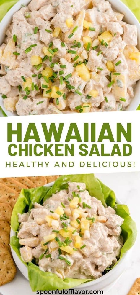 This flavorful Hawaiian Chicken Salad is made with pineapple, macadamia nuts, and fresh herbs. This lightened up version of chicken salad comes together easily. Hawaiian Salad Recipes, Pineapple Chicken Salad, Hawaiian Chicken Salad, Hawaiian Salad, Salad With Pineapple, Chicken Salad With Pineapple, Mediterranean Salad Recipe, Recipe Inspirations, Bellini Cocktail