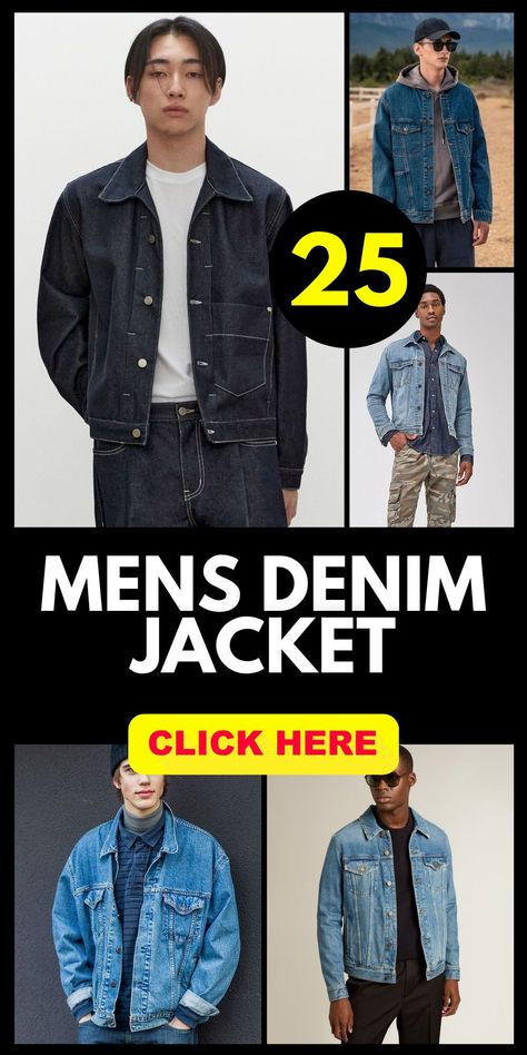 Mens Denim Jacket: Stay stylish with a mens denim jacket, a versatile piece for any outfit. Perfect for street styles and casual looks, these jackets come in different prices and colors, including black, blue, and red. Choose from trendy options like oversized, sleeveless, or hand-painted designs. Ideal for summer and fall, this jacket fits seamlessly into any wardrobe, providing endless outfit ideas for men. How To Style Jean Jacket Men, Mens Jean Jacket Outfit, Outfit Ideas Classy Casual, Mens Denim Jacket Outfit, Outfits With Denim Jacket, Denim On Denim Outfit Men, Blue Denim Jacket Outfit, Denim Jacket Outfit Ideas, Jean Jacket Outfits Men