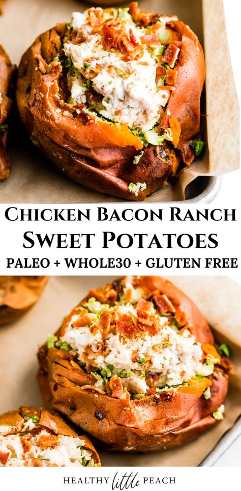 A savory and creamy chicken bacon ranch stuffed sweet potato. This recipe is Whole30, and Paleo compliant. In addition to a great weeknight dinner, it is a great meal prep option. #sweetpotatorecipes #chickenbaconranch #whole30recipes #paleorecipes #whole30sweetpotatoes #recipes #healthyrecipes #paleochickenrecipes Whole 30 Potluck Ideas, Whole 30 Recipes Dinner Chicken, Whole 30 Meals For One, Sweet Potatoes Stuffed, Bacon And Sweet Potato Recipes, Healthy Stuffed Sweet Potato Recipes, Sweet Potato Recipes Chicken, Healthy Stuffed Sweet Potato, Stuff Sweet Potato Recipes