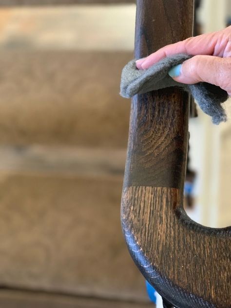 If you’re looking to update that 80s eyesore honey oak staircase, you’ve come to the right place for inspiration. This was a true labor of love and worth every minute spent updating our staircase.    When we moved into our home, over 17 years ago, I fell in love with the shape of the staircase but hated the 80’s honey oak finish. I knew that one day I would take on the project of updating it but didn’t know that it would be 17 years later. Actually, about seven years ago, we made a sl… 90s Oak Staircase Makeover, Painting Old Staircase, Old Wooden Staircase, Wrought Iron Spindles, Detail Sander, Honey Oak, Staircase Makeover, Master Room, Steel Wool