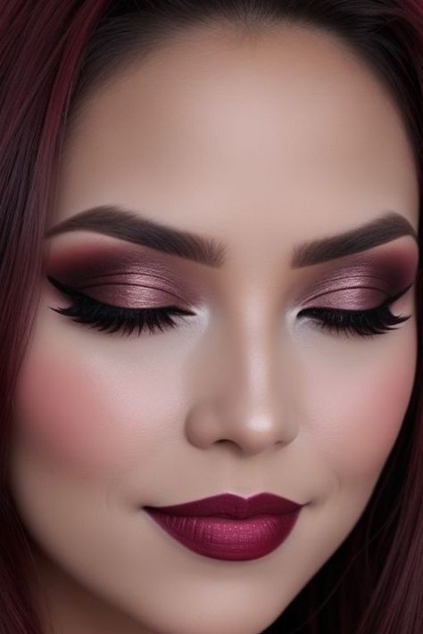 Wine Red Makeup, Wine Eye Makeup, Teknik Makeup, Maquillage Yeux Cut Crease, Evening Eye Makeup, Eye Makeup Images, Christmas Eye Makeup, Wine Hair, Smokey Eye Tutorial