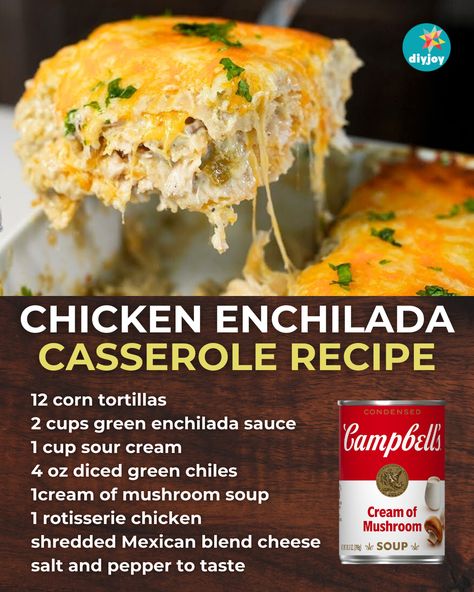 This chicken enchilada casserole has layers of rotisserie chicken, corn tortilla, melted cheese, and green enchilada sauce mixture. Chicken Enchiladas With Green Sauce Casserole, Campbell Soup Chicken Enchiladas Recipe, Easy Chicken Enchilada Casserole Recipes, Chicken Enchilada Casserole Green Sauce, Rotisserie Chicken Enchilada Casserole, Enchilada Casserole Green Sauce, Chicken Enchilada Recipes Easy, Enchiladas With Rotisserie Chicken, Green Chili Chicken Enchiladas Casserole