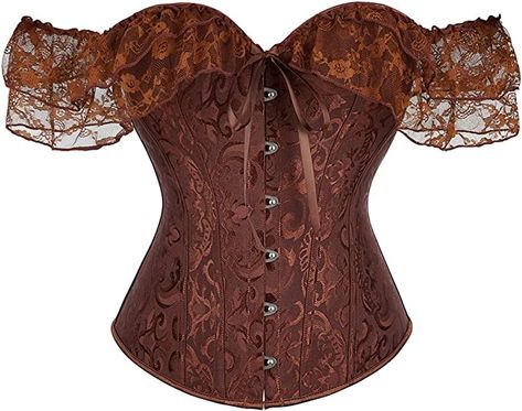 Moessa Women Floral Lace Off Shoulder Corset Bustier Boned Overbust Corset Bodyshaper Lingerie Top Brown Corset Outfit, Pirate Corset, Body Shaper Corset, Bustier Lingerie, Brown Corset, Lace Corset Top, Corset Outfit, Pirate Fashion, Overbust Corset