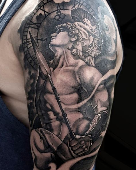 Greek warrior god sleeve tattoo by Tony Davis @ Soular Tattoo Ares God Tattoo, Hermes God Tattoo, Ares Tattoo Design, Greek Warrior Tattoo, Ares Tattoo, Hermes Tattoo, Greece Tattoo, Greek God Tattoo, Atlas Tattoo