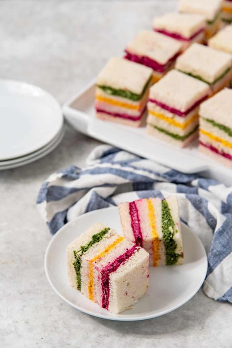 Ribbon Sandwiches (Rainbow Sandwiches) - The Flavor Bender High Tea Finger Food Ideas, Mini Veggie Sandwiches, Vegetarian Afternoon Tea Ideas, Mini Indian Appetizers, Indian Tea Sandwiches, Indian Finger Food Parties, Indian Potluck Ideas, Indian High Tea, Indian Sandwich Recipes