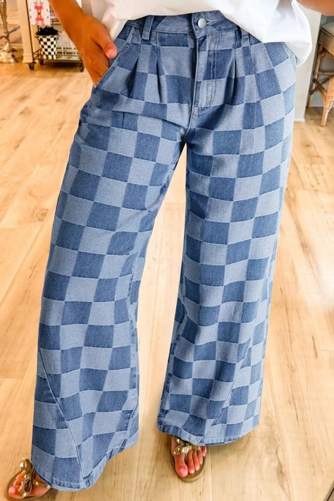 Dusk Blue Checkered Denim Wide Leg Jeans LC7875123-P704 Dusk Blue, Denim Wide Leg, Blue Checkered, Checkered Pattern, Wide Leg Jeans, Leg Jeans, High Waist, Wide Leg, Pattern