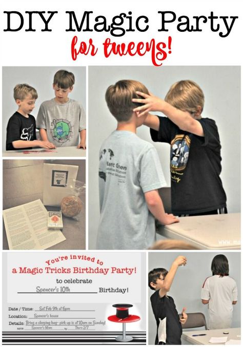 What tween wouldn't love a magic party? We planned this fun birthday party idea for when my son turned 10- taught the group some fun magic tricks for kids, watched a magic-themed movie, and sent them home with a cool party favor! This post includes a free printable magic party invite and thank you note!  #MagicParty #BirthdayParties #TweenBirthday #FreePrintables via @sharonmomof6 Magic Birthday Party Activities, Magic Birthday Party Games, Magician Birthday Party For Kids, Magician Party, Magic Birthday Party, Magic Tricks For Kids, Birthday Party Idea, Magic Birthday, Magic Theme