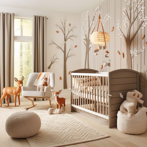 This theme brings the outdoors inside with a woodland-inspired nursery. Natural wood furniture, forest animal prints, and earthy tones make the room feel cozy and nurturing. Incorporate tree-themed wall decals and plush woodland creatures for a playful touch. Nursery Natural Wood, Woodland Baby Room, Forest Nursery Theme, Wonderland Nursery, Woodland Creatures Nursery, Woodland Wonderland, Simple Nursery, Animal Nursery Theme, Natural Wood Furniture