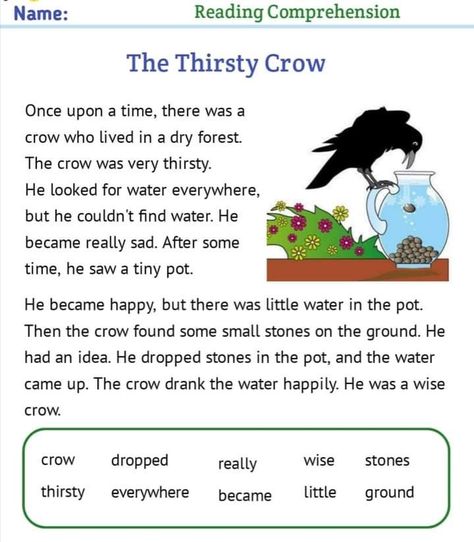 The Thirsty crow .Reading comprehensive .reading practice worksheet for kids Thirsty Crow Story For Kids, Crow Story, Thirsty Crow, Reading Practice Worksheets, Comprehension Kindergarten, Reading Comprehension Kindergarten, English Stories For Kids, Worksheet For Kids, Short Stories For Kids