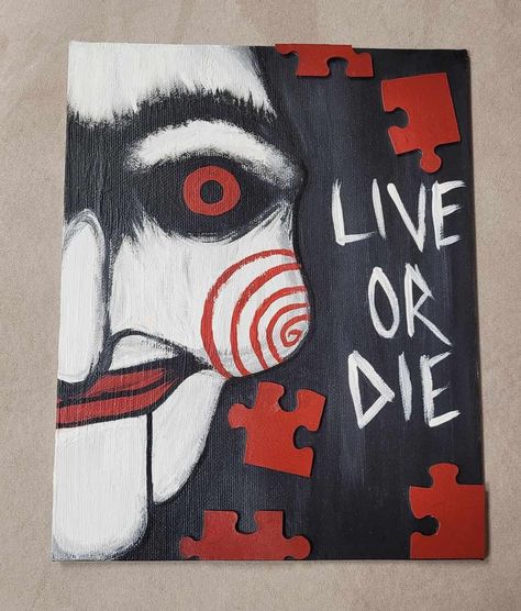 "\"I want to play a game.\" Glossy acrylic original painting with five jigsaw pieces on an 8x10 inch canvas panel. Back of painting is dated and signed by me. *Nobody's Perfect! All of my pieces are handmade and unique- they may not be flawless. NO REFUNDS, EXCHANGES OR RETURNS* Send me a message with any questions or concerns:)" Cool Paintings Easy Canvases, 12x16 Canvas Paintings, Scary Canvas Painting, Jigsaw Pumpkin Painting, Easy Horror Painting Ideas, Ghost Face Painting Easy, Jigsaw Quotes, Chucky Painting Easy, Painting Ideas For Guys