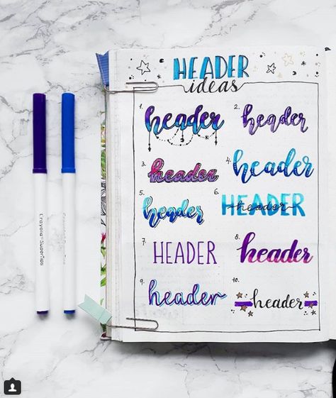 Simple Calligraphy Tricks and 25 Simple headers to get you started! | My Inner Creative Bullet Journal Titles, Bullet Journal Headers, Hand Lettering Styles, Bullet Journal Font, Bullet Journal Banner, Journal Fonts, Bullet Journal Notes, Alfabet Letters, Hand Lettering Fonts