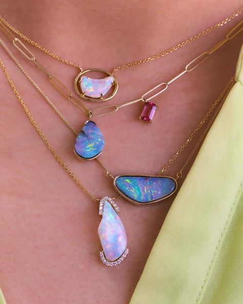 Pink Opal Gemstone Necklace, Luxury Opal Necklaces With Gemstone Accents, Luxury Opal Gemstone Necklace, Multicolor Opal Multi-stone Jewelry, Opal Multi-stone Pendant Necklace, Stacked Necklaces, Necklace Layering, Yellow Gold Jewelry, Spring Vibes