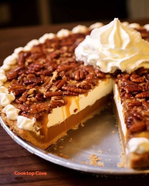 Guys, this is my favorite dessert of all time! My hubby gets 3 helpings every time! Pecan Cheesecake Pie, Pecan Pie Cheesecake Recipe, Biscuits Graham, Pecan Cheesecake, Pecan Pie Cheesecake, Pie Cheesecake, Cheesecake Pie, Pecan Pie Recipe, Pecan Recipes