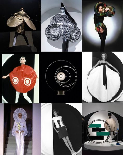 Pierre Cardin’s 1967 “CosmoCorps” collection revolutionized futuristic fashion and he was obsessed with geometric shapes and circles in particular. 70s Runway Fashion, 1960s Retrofuturism, 1960s Space Age Fashion, 1960 Space Age Fashion, Pierre Cardin Fashion, Pierre Cardin Space Age, Pierre Cardin 60s, Andre Courreges 1960 Space Age, Retro Futurism Fashion