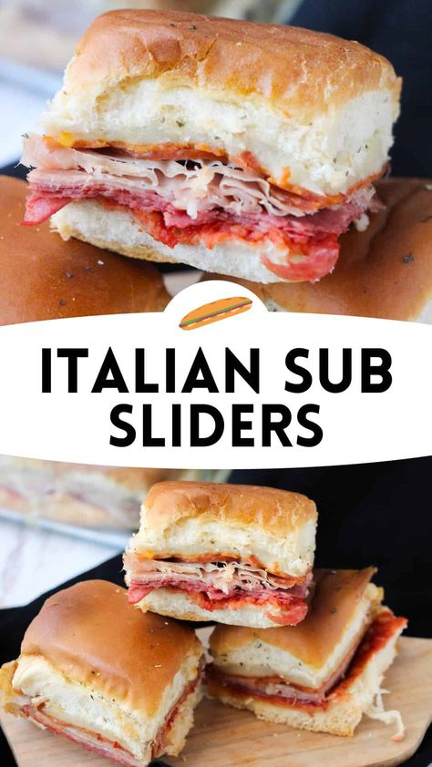 Salami Sliders Recipes Hawaiian Rolls, Hot Italian Sliders, Mozzarella Marinara, Super Bowl Sandwiches, Recipes With Hawaiian Rolls, Italian Food Party, Italian Sliders, Prosciutto Mozzarella, Ham Sliders