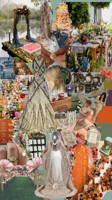 Wedding mood board #outfitinspo #vintage #nature #beauty #wallpaper #wedding #aesthetic #inspo #weddinginspo #moodboard #antique #eclectic #thrifted #floral #bride #bridal #inspoboard Vintage Kitsch Wedding, Eclectic Wedding Aesthetic, Eclectic Rustic Wedding, Retro Eclectic Wedding, Eclectic Vintage Wedding, Maypole Wedding, Thrifted Wedding Ideas, Funky Wedding Decor, 70s Wedding Aesthetic