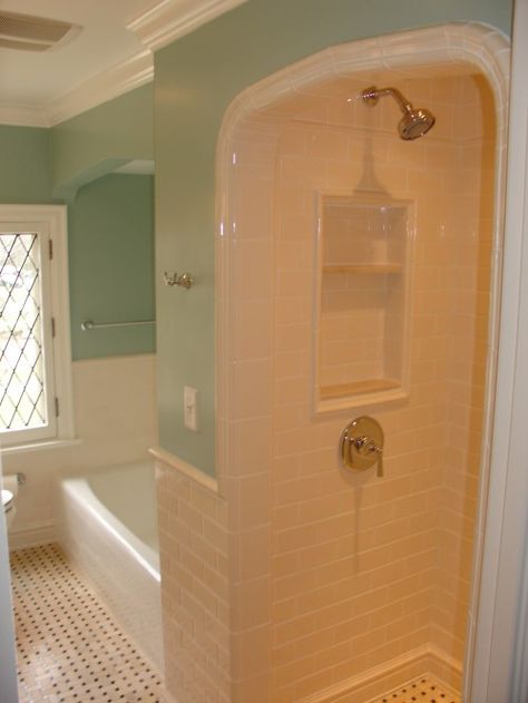 Craftsman Style Bath Remodel: This bathroom is in a traditional home with great character in the woodwork, paneling and materials. The homeowners desired an interior finish and fixture upgrade to the room, without losing the character of the quaint space. The wall tile is Pratt and Larson with a special glaze and floor tile is a custom created stone mosaic with black polished marble and honed creme marfil. Shower Inset, Bungalow Bathrooms, Niche Shelf, Teen Bathroom, Soaking Tubs, Craftsman Homes, Bathroom Master, Bad Inspiration, Shower Niche