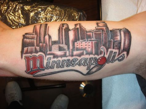 By Omar Yarborough--The Truth Tattoos  #minneapolis #minnesota #mn #tattoo #city scape Minneapolis Tattoo Ideas, Mn Tattoo, Minnesota Tattoo, Minneapolis Tattoo, Truth Tattoo, Care Bear Tattoos, Twin Tattoos, Pride Tattoo, Inner Arm Tattoo