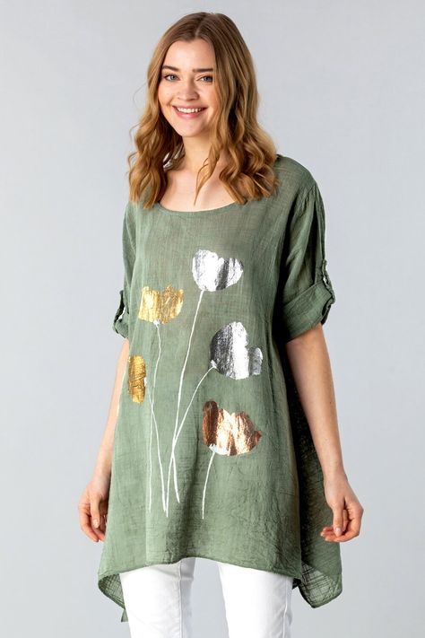 Move on from the winter blues and jump right into spring/summer with our foil printed tunic top. #Romanoriginals #roman #spring #2021 #foilprint #tunictops #summerstyle #everydaywear #breezystyle Foil Flowers, Tunic Tops For Women, Asymmetric Tunic, Printed Tunic Tops, Indian Inspired, Linen Texture, Side Splits, Winter Blues, Summer Staples