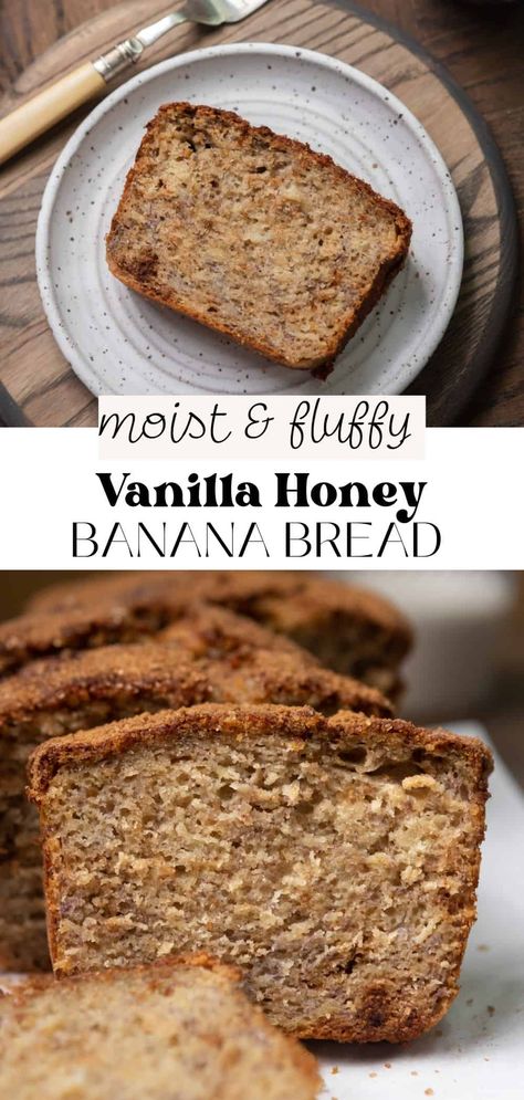 This is the best honey banana bread! It's made with honey instead of sugar, making it incredibly moist with a tender crumb. The sweetness from the honey and bananas paired with subtle spice from the cinnamon makes it a go-to, slightly healthier banana bread recipe to make for breakfast, brunch, or an afternoon snack. Honey Vanilla Banana Bread, Banana Bread With Honey Instead Of Sugar, Honey Banana Bread, Healthier Banana Bread, Recipe Using Honey, Vanilla Honey, Banana Bread Recipe Healthy, Carrot Cake Cookies, Snack Prep