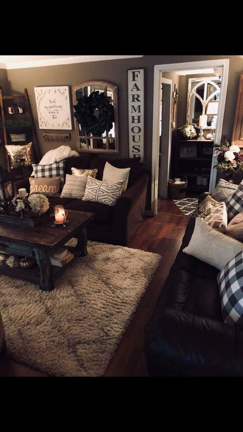 The dark tones of this room seems so relaxing Farmhouse Decorations, Living Room Design Decor, Farmhouse Decor Living Room, Living Room Remodel, Family Room Design, Room Remodeling, A Living Room, Farmhouse Living, Decor Idea