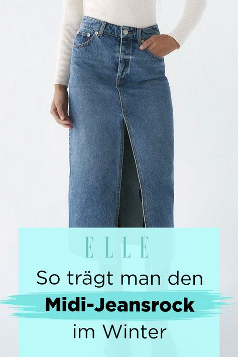 Der Jeansrock in Midi-Länge erobert die Wintergarderobe. Was man beim Styling beachten muss und was den Jeans-Trend ausmacht #jeansrock #jeans #denim #midirock Jeans Rock Outfit, Midi Jeans Skirt Outfit, Maxi Jean Skirt Outfits, Midi Jeans Skirt, Curvy Winter Outfits, Winter Outfits Tumblr, Winter Outfits 2019, Mom Jeans Outfit Winter, Jeans Styling