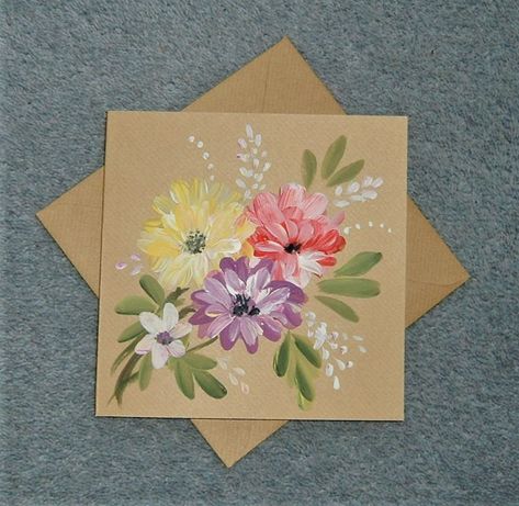 Small Card Painting, Card Painting Ideas Acrylic, Handpainted Greeting Cards, Cute Stuff Acrylic Panintings With Flowers, Card Painting Ideas, Hand Painted Birthday Cards Acrylic, Sari Painting, Hand Painted Greeting Cards Acrylic, Cards Hand Painted