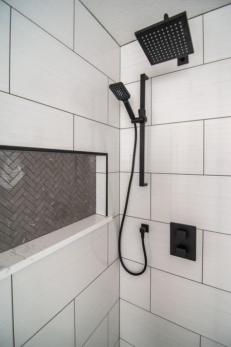 bathroom-accent-tile-niche-renovation-saskatchewan Shower Ceramic Tile Ideas, Shower Tile With Accent Strip, Herringbone Shower Niche, Bath Tile Ideas Tub Surround, Shower Niche Shelf, Duplex Remodel, Tile Niche, Niche Shelf, Popular Bathroom Designs