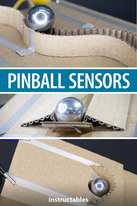 TechnoChic shares 3 ways to make cardboard pinball sensors: train track switch, draw bridge switch, and hole switch. #Instructables #engineering #electronics #technology #microbit Diy Pinball Machine, Diy Pinball, Cardboard Engineering, Cardboard Arcade, Pinball Diy, Cardboard Train, Draw Bridge, Maker Labs, Diy Recycled Projects