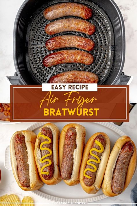 Juicy Air Fryer brats are ready in just 11 minutes and are easy to make in the air fryer. No matter what Mother Nature throws at you, you can still have your grilling style food at your fingertips! #airfryer #brats #easyrecipe Airfryer Brats, Bratwurst In Air Fryer, Brats Air Fryer, Brats In Air Fryer, Air Fryer Bratwurst, Air Fryer Brats, Farm Meals, Field Meals, How To Cook Brats