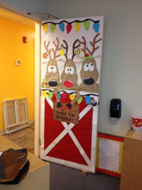 My Christmas door! Door Decorating Contest For Christmas, Christmas Decorated Doors Classroom, Fun Christmas Door Decorations, Christmas Door Ideas Preschool, Christmas Doors For Preschool, Christmas Door Wrapping Ideas, Reindeer Stable Door Decoration, Easy Christmas Classroom Door Ideas, Reindeer Door Decoration For Classroom