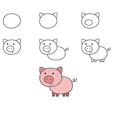 Pig Drawing Easy, Quick Drawings, Terra Cotta Pot Crafts Diy, Handmade Bookmarks Diy, Pig Drawing, Cartoon Drawings Of Animals, Drawing Pictures, Drawing Lessons For Kids, Draw Animals