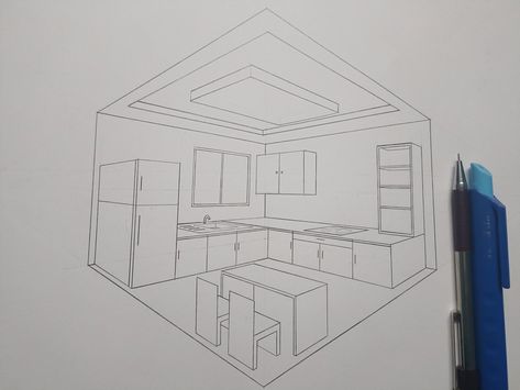 Kitchen Architecture Design Drawing, Isometric Kitchen Drawing, Kitchen One Point Perspective, Kitchen Drawing Easy, Kitchen Perspective Drawing, Kitchen Drawing Sketch, Drawing Of Kitchen, Kitchen Sketch, Drawing Kitchen