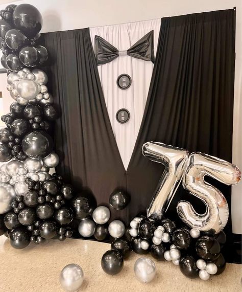 Tuxedo Party Ideas, Mens 65th Birthday Party Ideas, Birthday Backdrop For Men, 70th Birthday Party Decorations For Dad, Tuxedo Backdrop Diy, Mens Birthday Backdrop, Mens Birthday Party Backdrop, Centerpieces For Mens Birthday, 75 Birthday Decoration Ideas Man