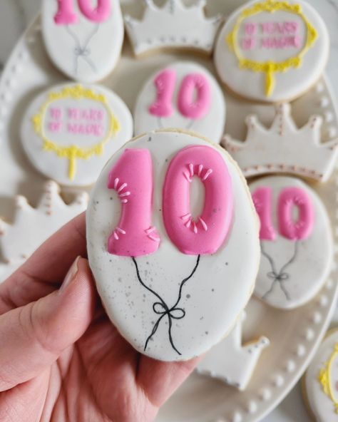 Happy 10 Year Anniversary 💖💛 • #cookie #cookies #decoratedcookies #cookiesofinstagram #cookiehack #cookietip #cookiedecorating #satisfying #satisfyingreel #cookier #newcolors #thisweekscolors #jdsugarcookies #10yearanniversary #foreverfairest #princesscookies #magicalcookies #anniversaycookies #sugarcookies #royalicing #decoratedcookies #sugarcookie Number 10 Cookies Decorated, Happy 10 Year Anniversary, Princess Cookies, Cookie Hacks, Sugar Cookie Designs, Number 10, 10 Year Anniversary, Iced Cookies, Icing Cookies