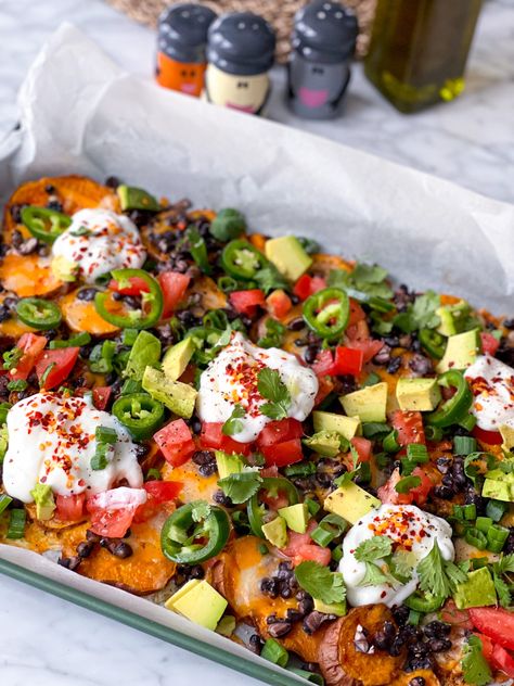 Everything Delish, Potato Nachos, Sweet Potato Nachos, Lemon Potatoes, Cauliflower Bites, Walnut Salad, Nachos Recipe, Roasted Sweet Potatoes, Salad Ingredients