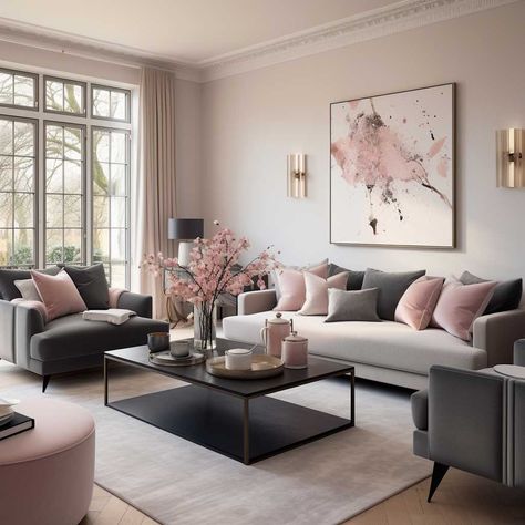 Modern Living Room Magic with Grey and Pink Tones • 333+ Images • [ArtFacade] Light Grey And Pink Living Room, Grey And Pink Walls, Blush Pink Wall Art Living Room, Gray And Pink Living Room Ideas, Grey Pink Living Room, Pink Grey Living Room, Grey And Blush Pink Living Room, Blush Pink And Grey Living Room, Pink Grey And White Living Room