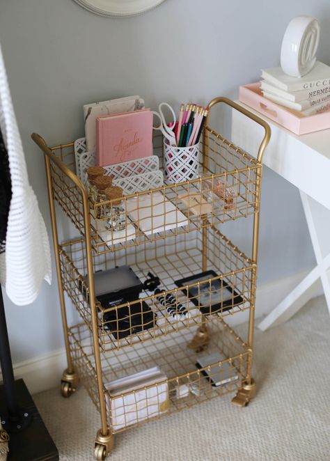 Gold Storage Cart, Add To Cart Aesthetic, Organizing Small Spaces, Vanity Cart, Makeup Cart, Gold Cart, Vanity Set Up, Gold Vanity, Gold Bar Cart