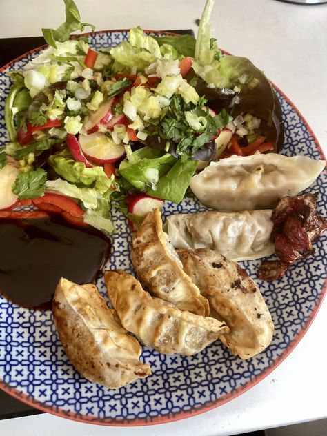 Duck Gyoza and Radish Salad with a Sizzling Spring Onion, Ginger and Garlic Dressing Duck Gyoza, Garlic Dressing, Radish Salad, Spring Onion, Avocado Toast, Mice, Avocado, Ginger, Garlic