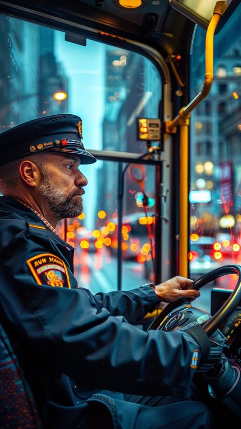 Focused Bus Driver: A dedicated bus driver attentively navigates the city streets amidst the evening's vibrant lights. #bus #driver #uniform #city #lights #aiart #aiphoto #stockcake ⬇️ Download and 📝 Prompt 👉 https://ayr.app/l/e9Pz Driver Uniform, Bus Transportation, Bus Driver, Creative Words, City Streets, City Lights, Free Photos, The City, Quick Saves