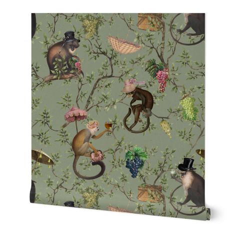 nostalgic Monkeys Garden Party - Antique Wallpaper | Spoonflower Garden Party Wallpaper, 1940s Wallpaper, Wallpaper Dining Room, Vintage Home Decor Antiques, Party Wallpaper, Floral Garden Party, Wallpaper Bathroom, 90s Wallpaper Hip Hop, Monkey Wallpaper