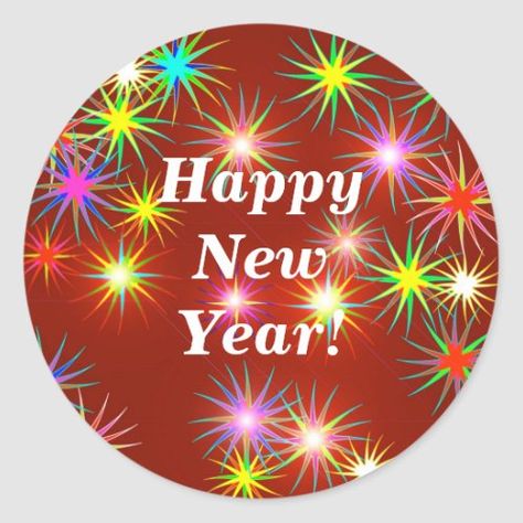 Happy New Year Stars on Black Square Sticker | Zazzle.com Cute Happy New Year, Happy New Year Photos, Christmas Gift Videos, New Year Images Hd, Happy New Year Stickers, New Year Stickers, Animation Images, New Year Wishes Images, New Year Crafts