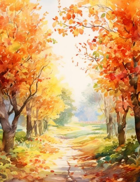 Autumn Tree Watercolor, Fall Landscape Watercolor, Watercolor Scenery Painting, Wallpaper Bible Verse, Japan Watercolor, Watercolor Scenery, Wallpaper Bible, Watercolor Tulips, Beautiful Leaves